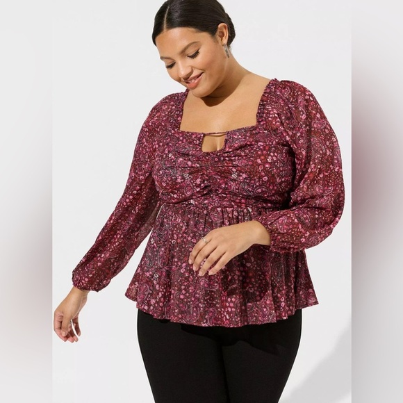 NWT Torrid Paisley Purple Pink Peplum Shirred Keyhole Smocked Blouse Size 2X - Picture 1 of 13